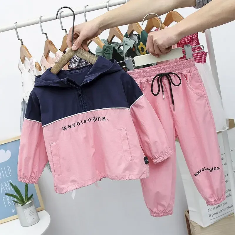 

Baby Boys Girls Sets 2024 Spring Autumn Hooded Long Sleeve Top Cuffed Pants Patchwork Letter Printing Drawstring Loose 4-10 Yrs