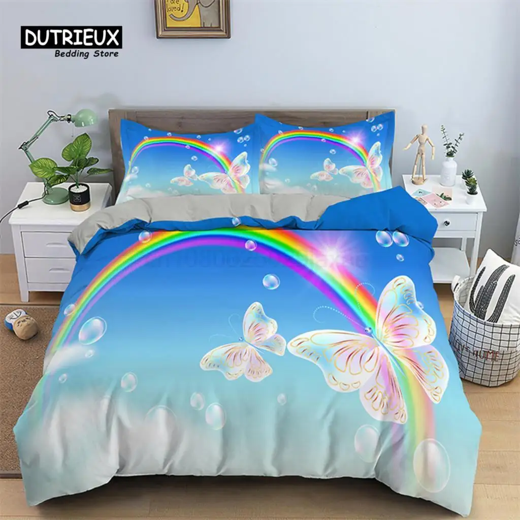 

Soft Colorful Butterfly Bedding Set Microfiber Dragonfly Print Duvet Cover For Kids Teens Girls With Pillowcases Bedroom Decor