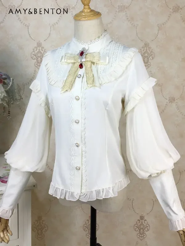 Spring Autumn Stand Collar Lolita Shirt Women Lace Long Sleeve Inner Wear Chiffon Blouses Female Fleece-Lined Thickened Top
Spring Autumn Stand Collar Lolita Shirt Women Lace Long Sleeve Inner Wear Chiffon Blouses Female Fleece-Lined Thickened Top
