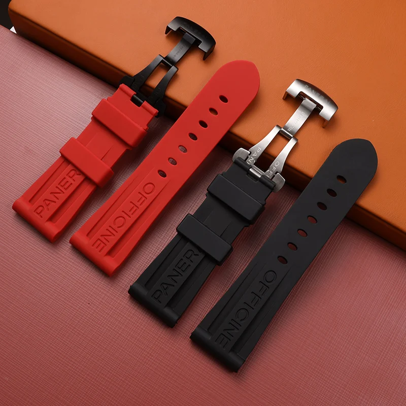 

24mm Nature Quality FKM Fluoro Rubber Watch Band for Panerai Strap PAM Black Belt With Butterfly Clasp Folding Buckle
