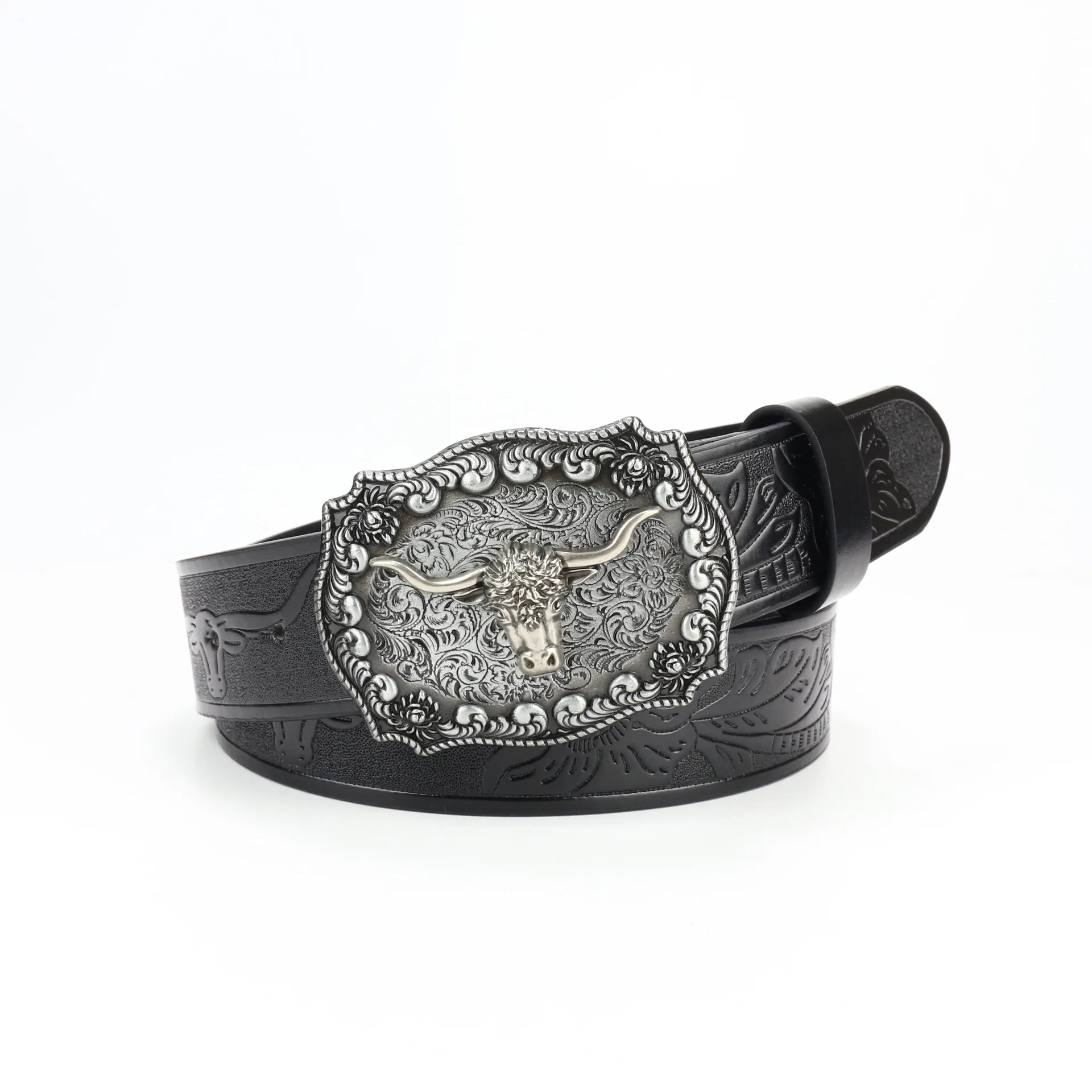 

Western denim belt, silver cow head, large plate mouth, retro men's and women's embossed PU, niche punk leather belt