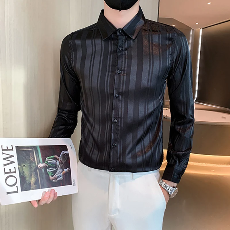 High-end Long Sleeve Silk Chemise Homme Luxury Korean Style Striped Shirts For Men Wedding Prom Party Button Mens Tuxedo Shirt
High-end Long Sleeve Silk Chemise Homme Luxury Korean Style Striped Shirts For Men Wedding Prom Party Button Mens Tuxedo Shirt