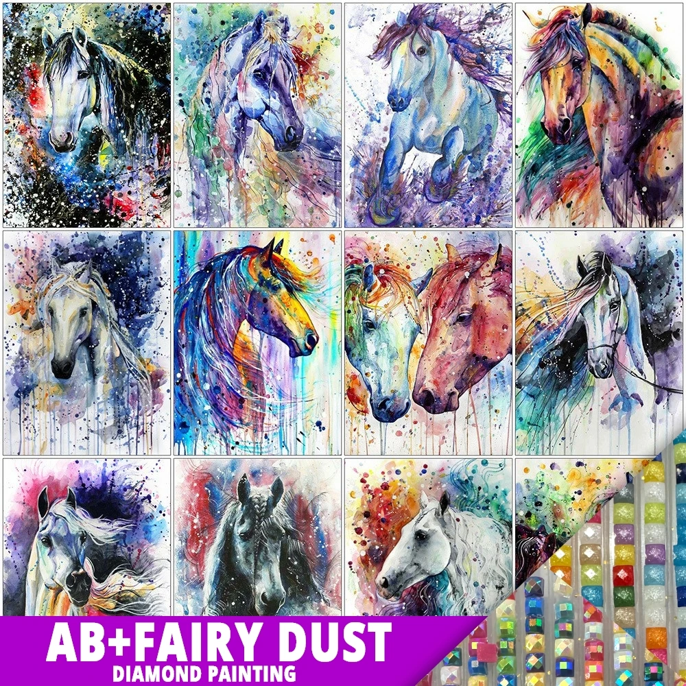 

AB Fairy Dust DIY Embroidery Horse Colorful 5D Diamond Painting Animal Cross Stitch Kits Mosaic Art Crafts Home Decor Mural