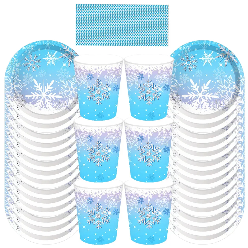 

New Frozen Theme Birthday Disposable Party Tableware Snowflake Paper Plate Cups Napkins Christmas Party Decoration Baby Shower