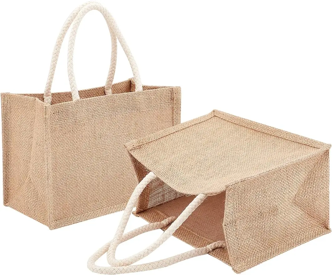 

2Pcs Burlap Jute Tote Bags with Cotton Handles Reusable Shopping Grocery Bag Tote Beach Bags for Bridesmaid Wedding Market