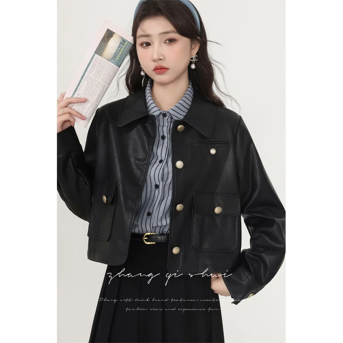 

Korea New Product Women's Fashion and Casual Versatile Round Neck Flip Decoration Short Suit Coat