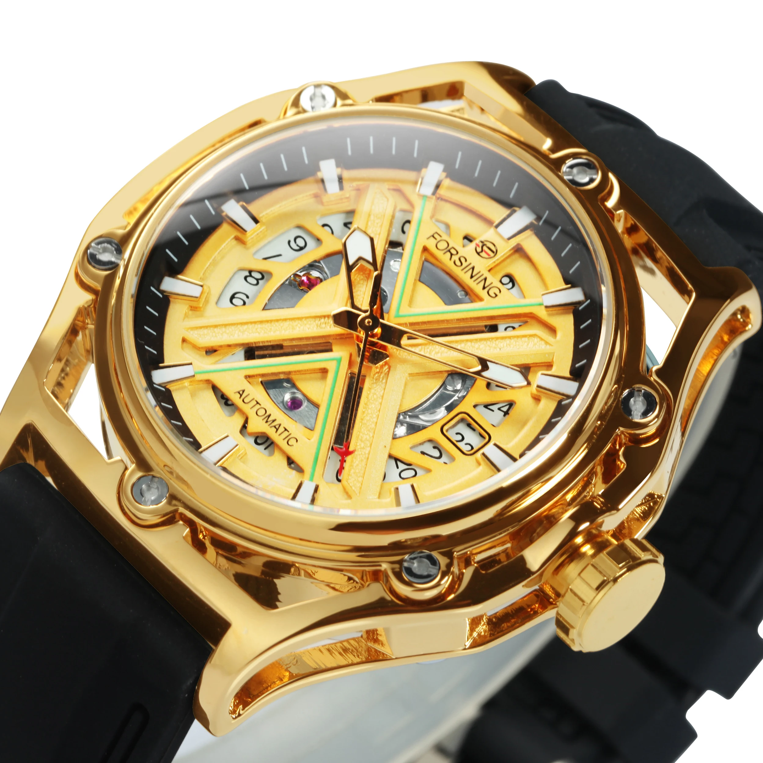 

Forsining Sports Gold Automatic Mens Watch Fashion Calendar Window Luminous Hands Military Rubber Band Luxury Mechanical Watches