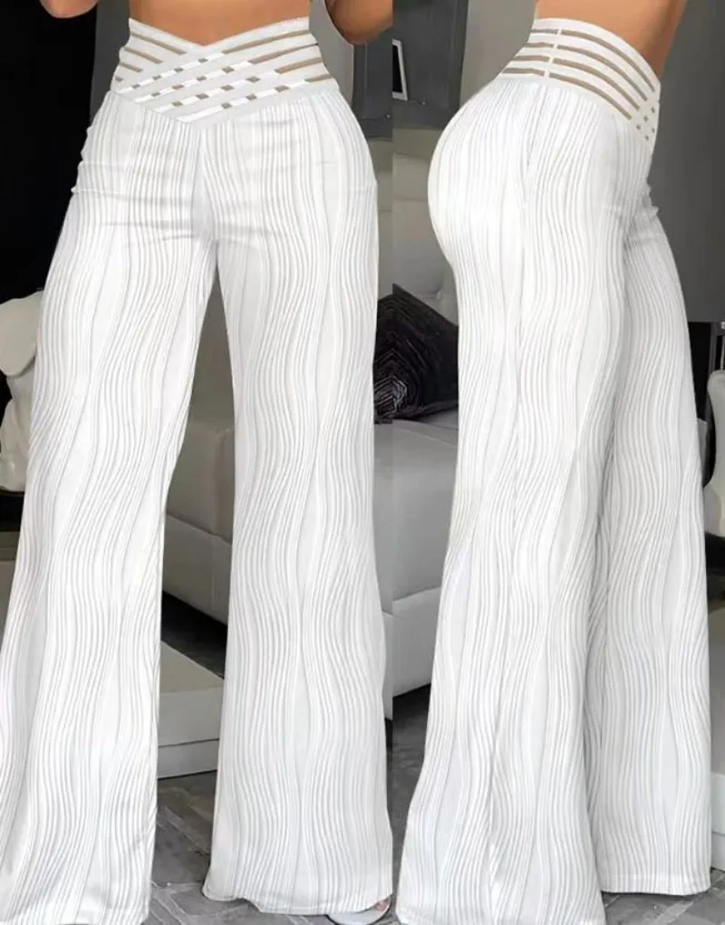 

Elegant High Waist Flared Pants for Women Overlap Waisted Textured Criss Cross Sheer Mesh Design Female Y2k Summer Wave Trousers