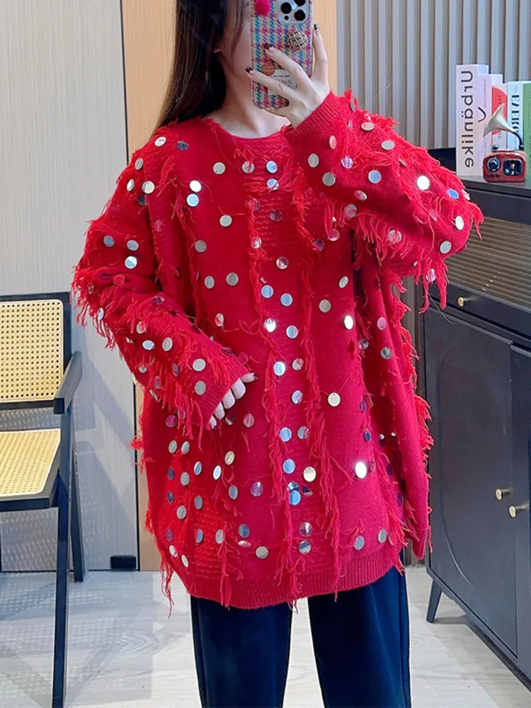 Плотный пуловер с бахромой и блестками, свитер с длинным рукавом, большие размеры, средней длины, трикотажная одежда с круглым вырезом для женщин, весна-зима 2024, X630 
Плотный пуловер с бахромой и блестками, свитер с длинным рукавом, большие размеры, средней длины, трикотажная одежда с круглым вырезом для женщин, весна-зима 2024, X630