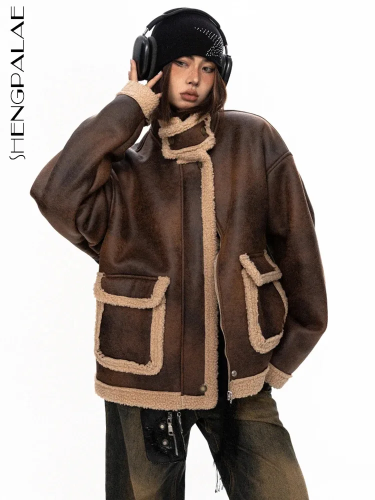 

SHENGPALAE Winter 2023 New Women Lamb Wool Coat Vintage Stand Collar Pockets Spliced Thicken Chamois Cotton Padded Jacket 5R8025