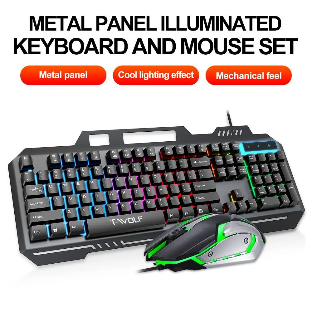 Игровая клавиатура и мышь T-WOLF TF600, металлическая Проводная клавиатура с подсветкой, механическое ощущение, мышь, комбинированный игровой ПК
Игровая клавиатура и мышь T-WOLF TF600, металлическая Проводная клавиатура с подсветкой, механическое ощущение, мышь, комбинированный игровой ПК