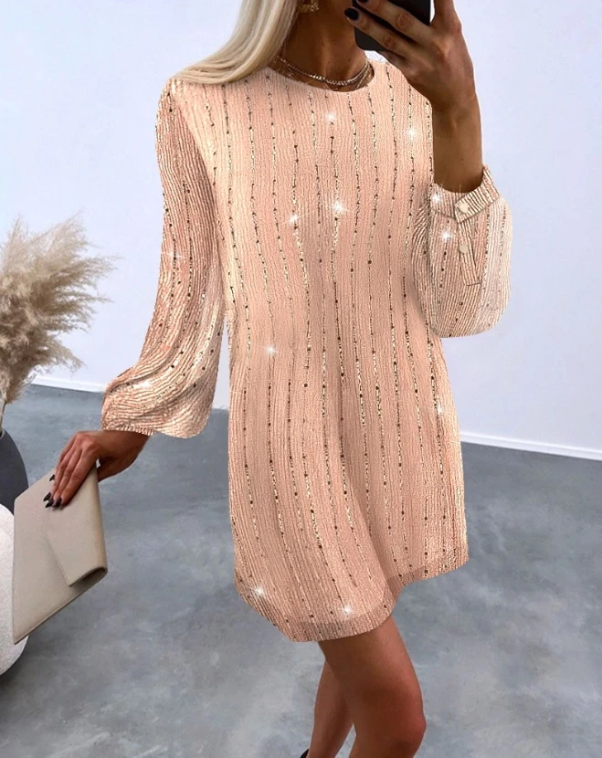 

Female Sequin Mesh Long Sleeve Casual Dress Women's Clothes Temperament Commuting Woman Fashion Round Neck Straight Dresses