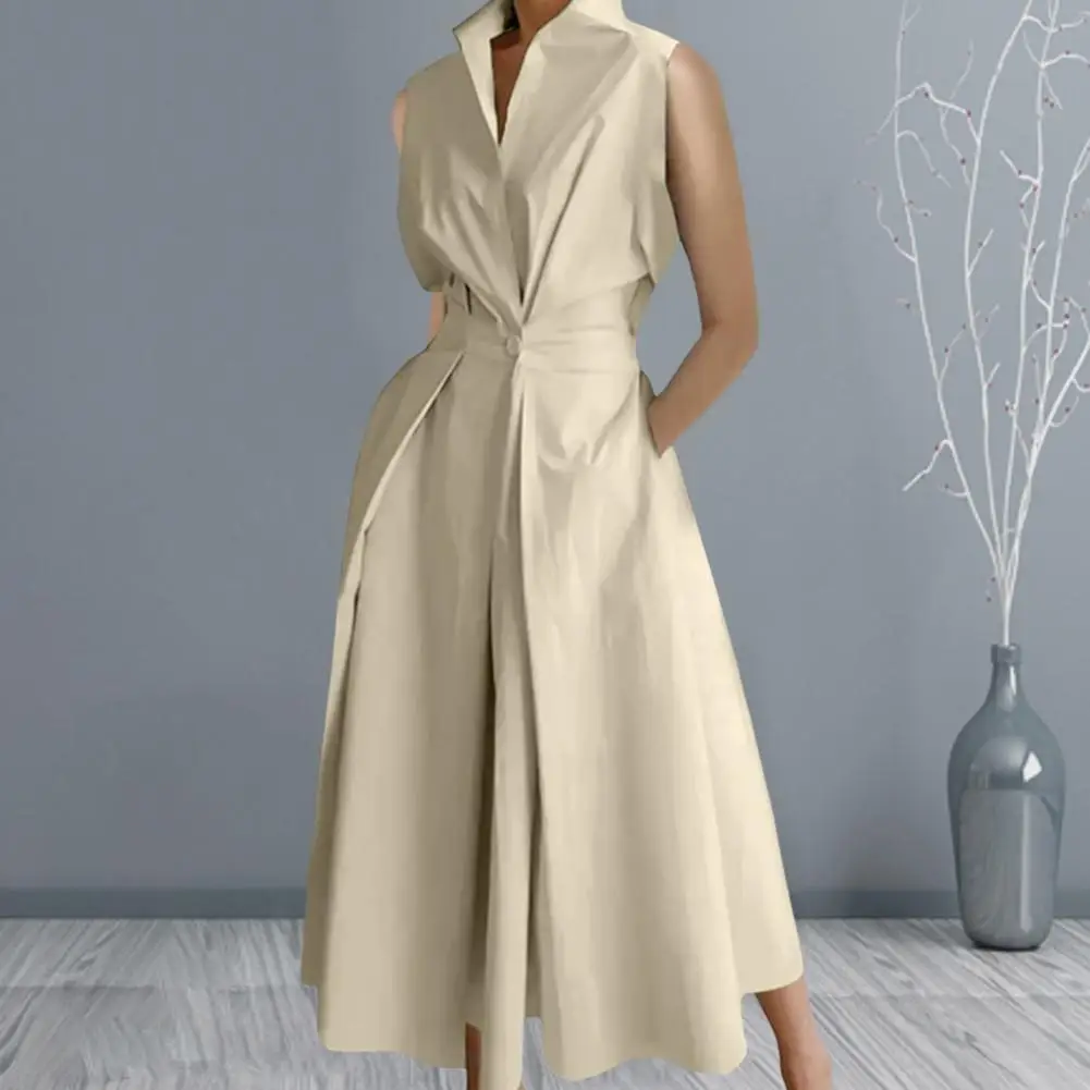 

Soft Dress Elegant A-line Midi Dress with Lapel Button Detail High Waist for Formal Commute Style Big Swing Movement for Women