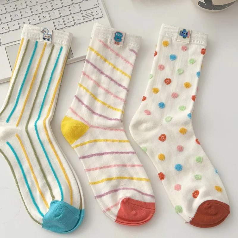 

Women'S Stockings Cartoon Cotton Socks For Women Colorful Stripes Socks Leisure Middle Barrel Stocking Soft Skin Friendly