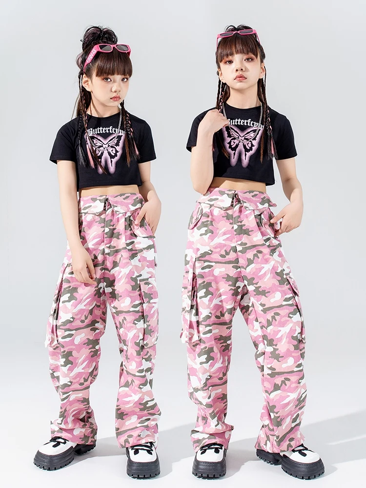 

Girls Jazz Dance Clothes Hip Hop Costume Summer Black Crop Tops Fashion Pink Camouflage Pants Kpop Performance Clothing BL12957