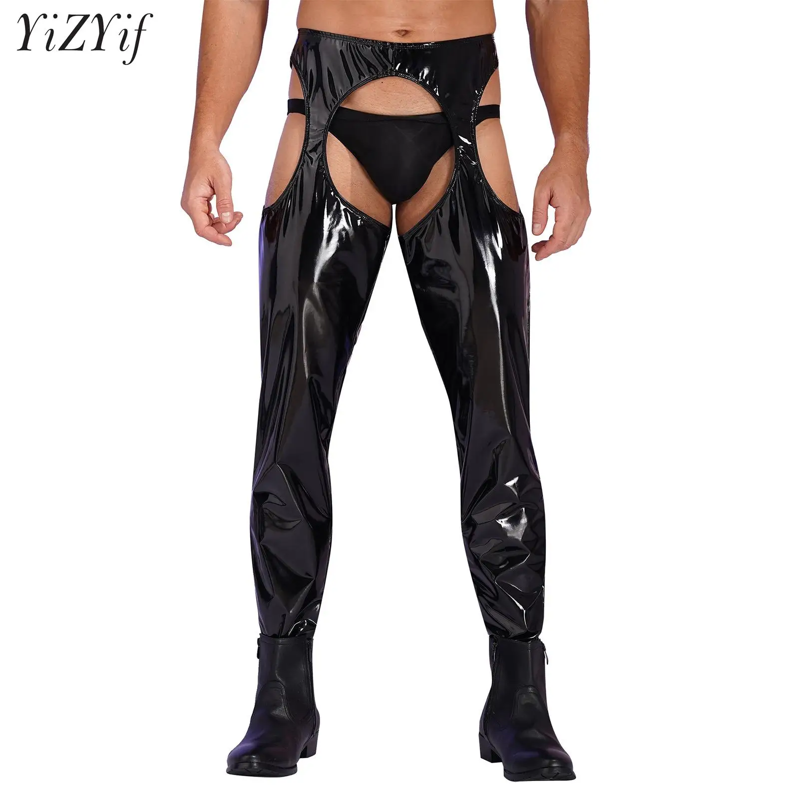 

Men Wet Look Leather Pants High Waist Crotchless Open Butt Sexy Hollow Out Skinny Trousers Solid Color Cutout Leggings Clubwear