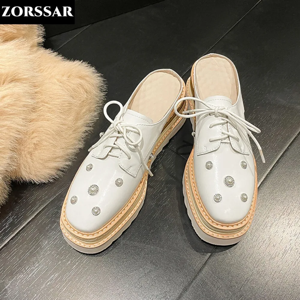 

Women Half Slippers Luxury Brand Leather Thick Soled Comfortable Flat Platform Loafers Casual Closed Toe Females Mules Shoes