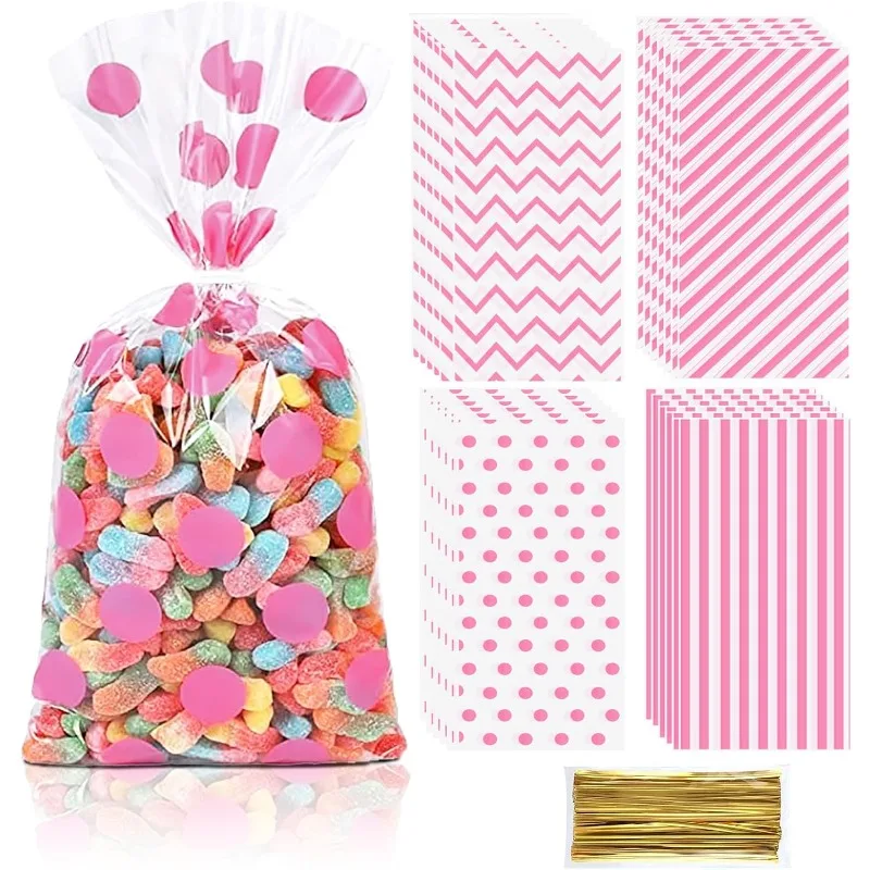 

100 Pink Cellophane Plastic Candy Bags Buffalo Polka Dot Stripes Treat Bags with Golden Twist Ties Girls Birthday Party Supplies