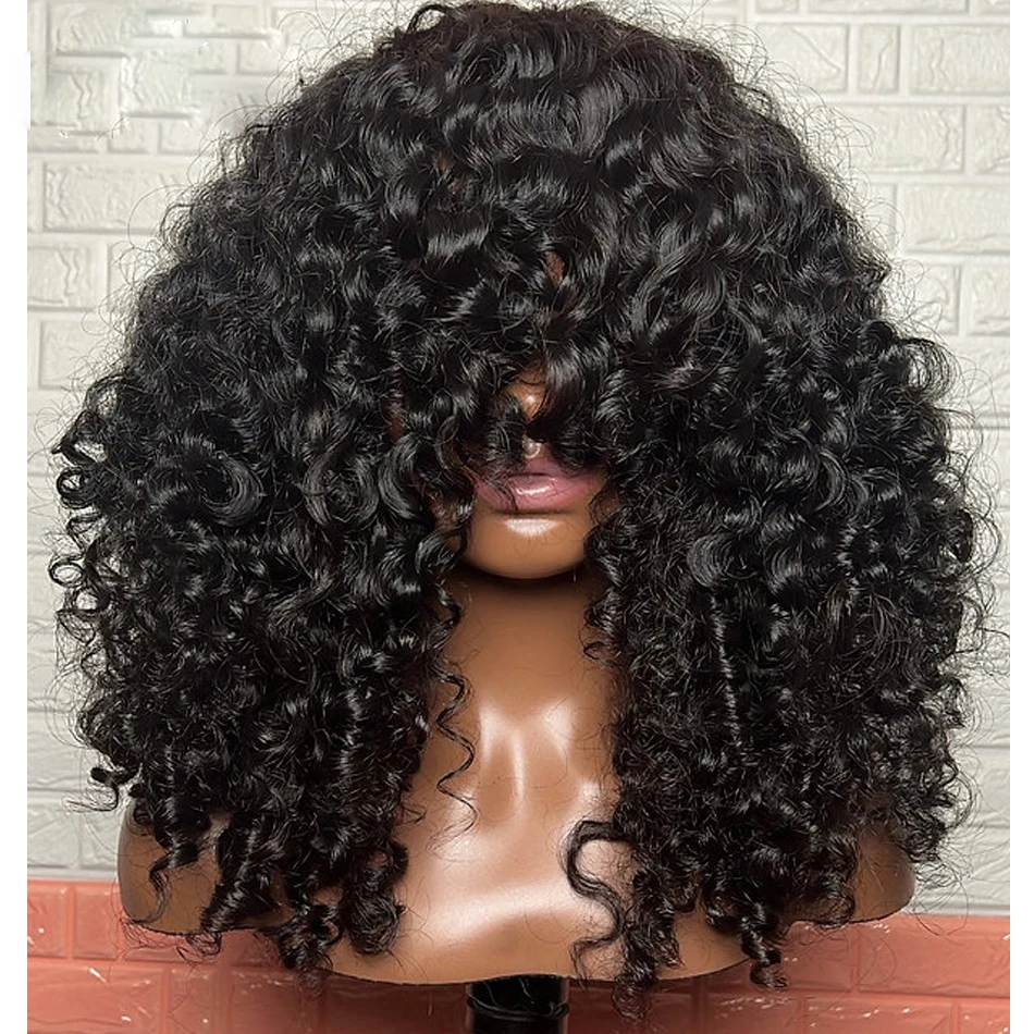 

Long 26inch 180Density Natural Black Kinky Curly Machine With Bangs For Women With Baby Hair Preplucked Daily Glueless Wear Wig