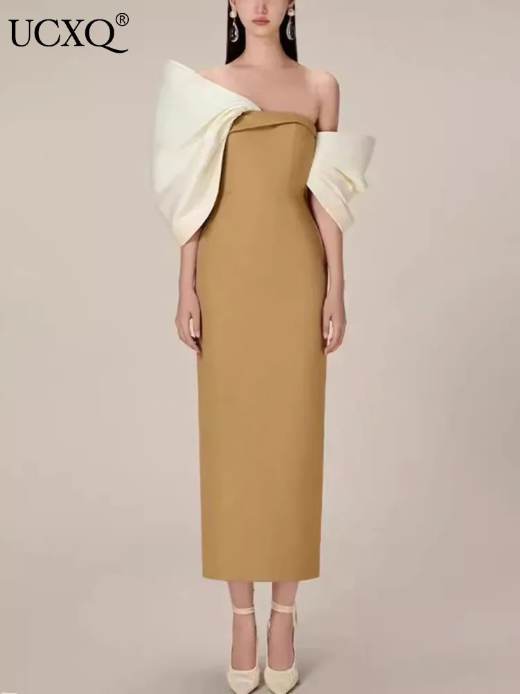 

UCXQ Fairy Style Contrasting Color One Line Neck 3D Bow Short Sleeve Dress Elegant Long Dresses Women 2024 Spring Summer A8320D