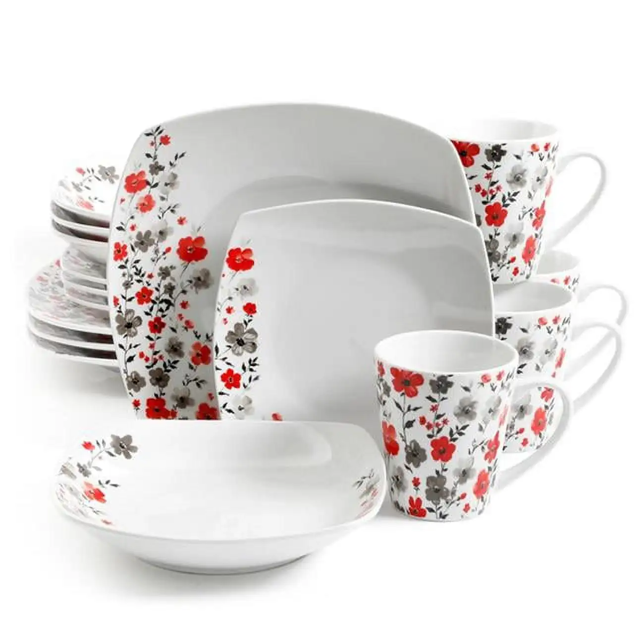 

Набор красивой керамической посуды Rosetta с цветочным принтом из 16 предметов в белом цвете