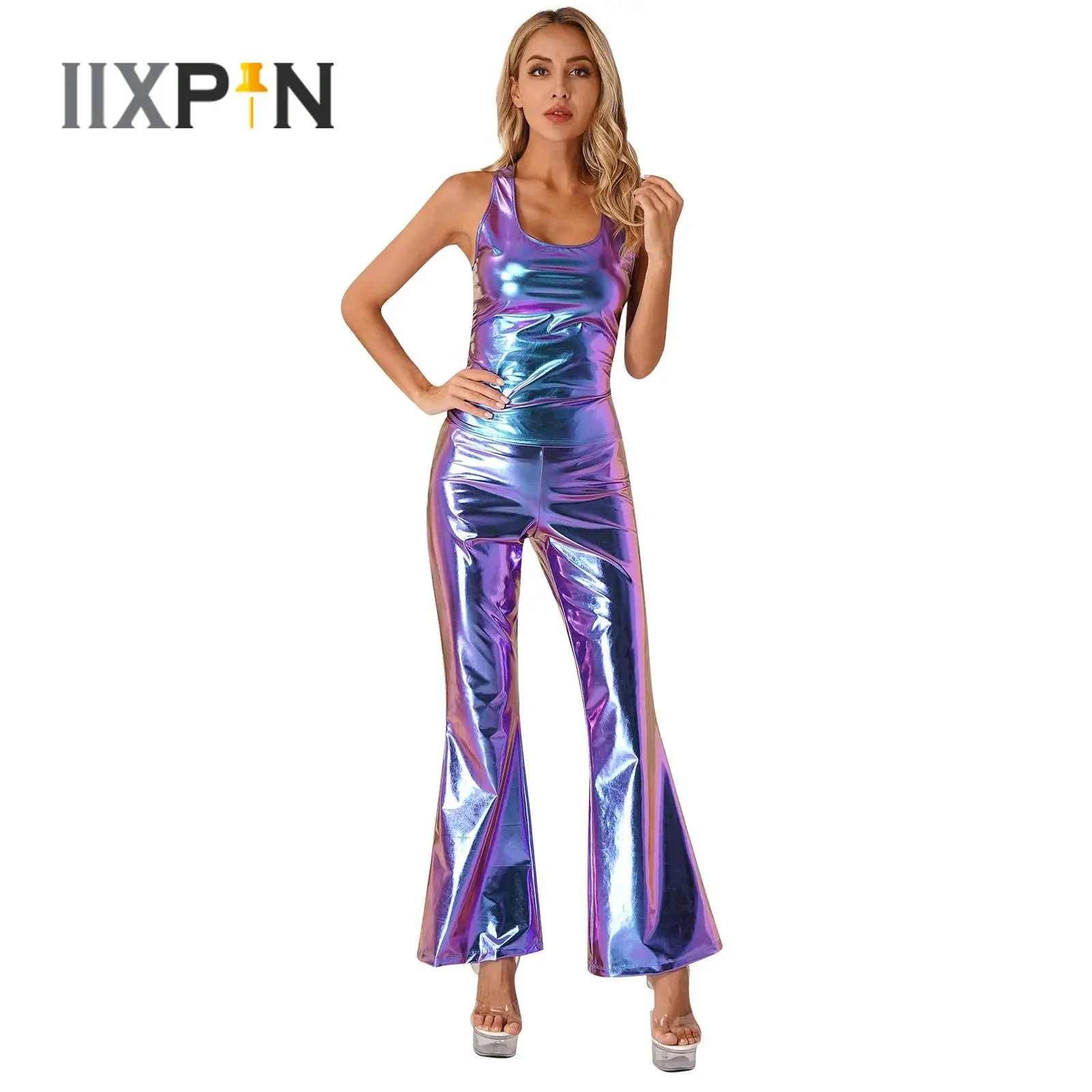 

Womens Metallic Shiny Clubwear Deep U-neckline Sleeveless Racer Back Tank Top+Flare Pants Party Rave Disco Jazz Dance Costumes