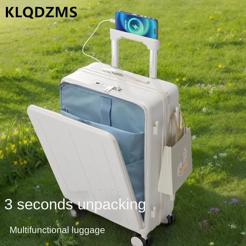 

KLQDZMS Laptop Luggage USB Charging Boarding Case Front Opening Trolley Case 20"24"26 Inch ABS+PC Rolling Carry-on Suitcase