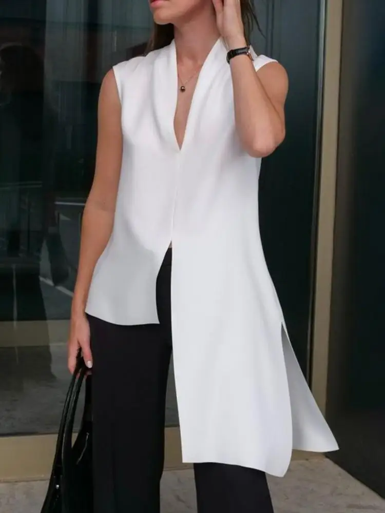 Freeacy Solid White Asymmetrical Shirt V-neck Sleeveless Vest Top 2024 Summer New Cotton T-shirt for Women Casual Split-side Top
Freeacy Solid White Asymmetrical Shirt V-neck Sleeveless Vest Top 2024 Summer New Cotton T-shirt for Women Casual Split-side Top