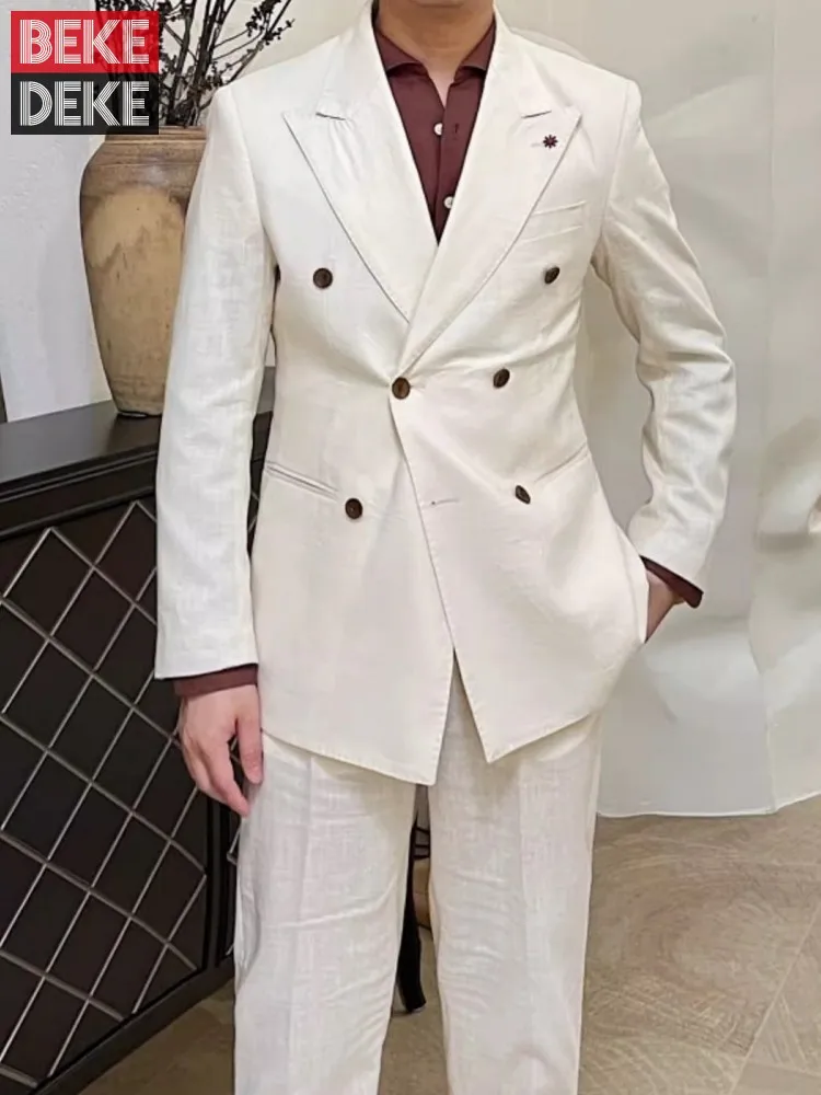 

Костюм мужской льняной деловой из двух предметов, приталенный двубортный пиджак и брюки, костюм свадебного платья, весна-лето