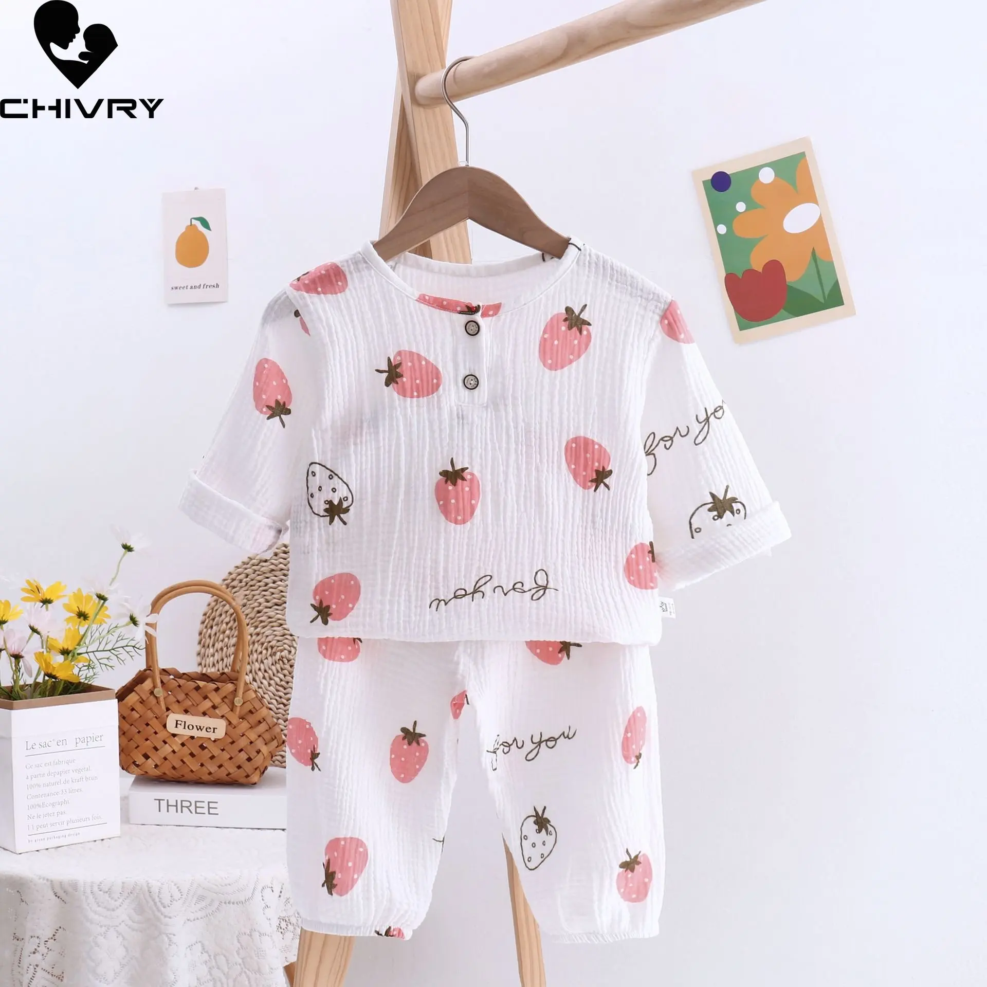 

Kids Boys Girls Pajamas 2023 Summer Cotton Yarn Thin Cartoon Print Three-quarter Sleeve Tops with Pants Baby Sleeping Homewear