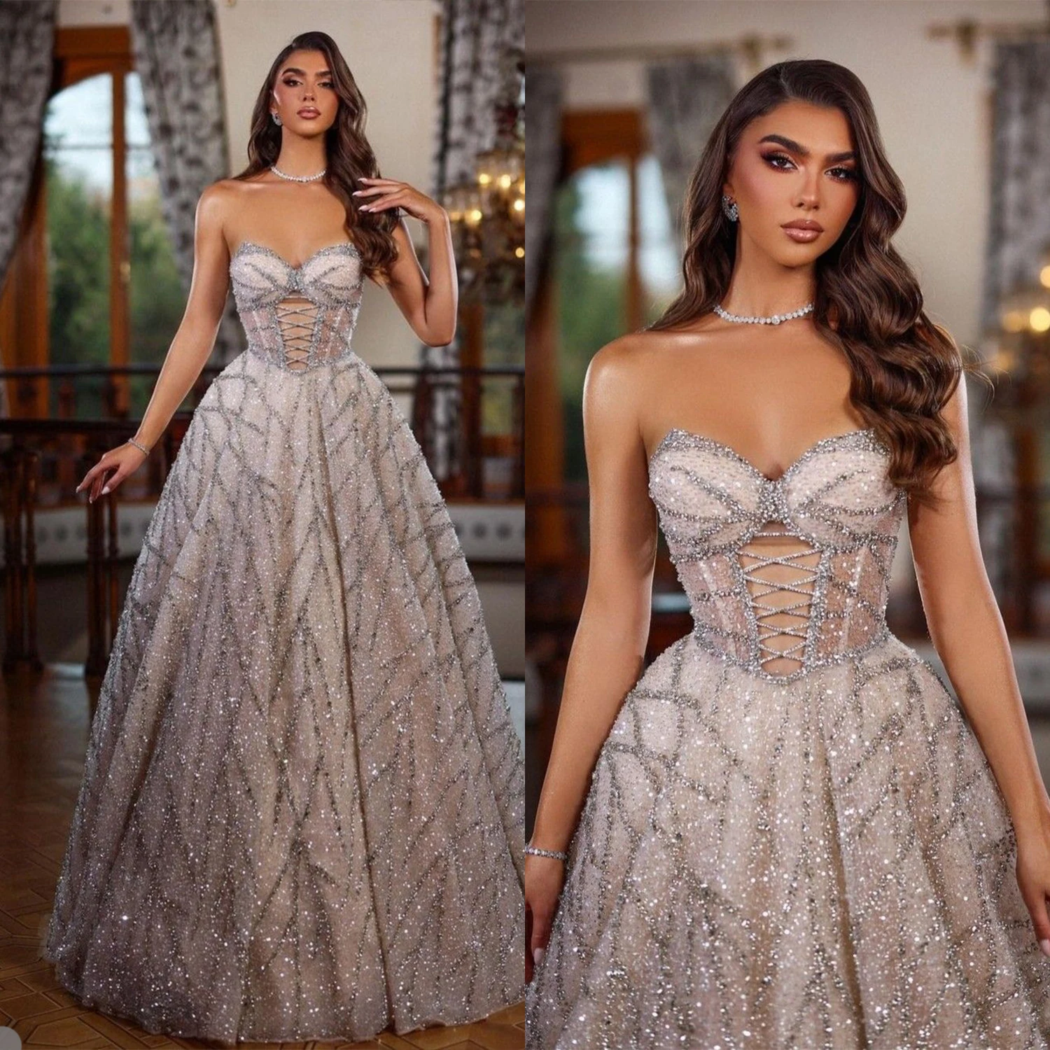 

Exquisite A Line Wedding Dress Sweetheart Strapless Beading Applique Sequin Bridal Gown Sweep Train Vestido De Novia Custom Size