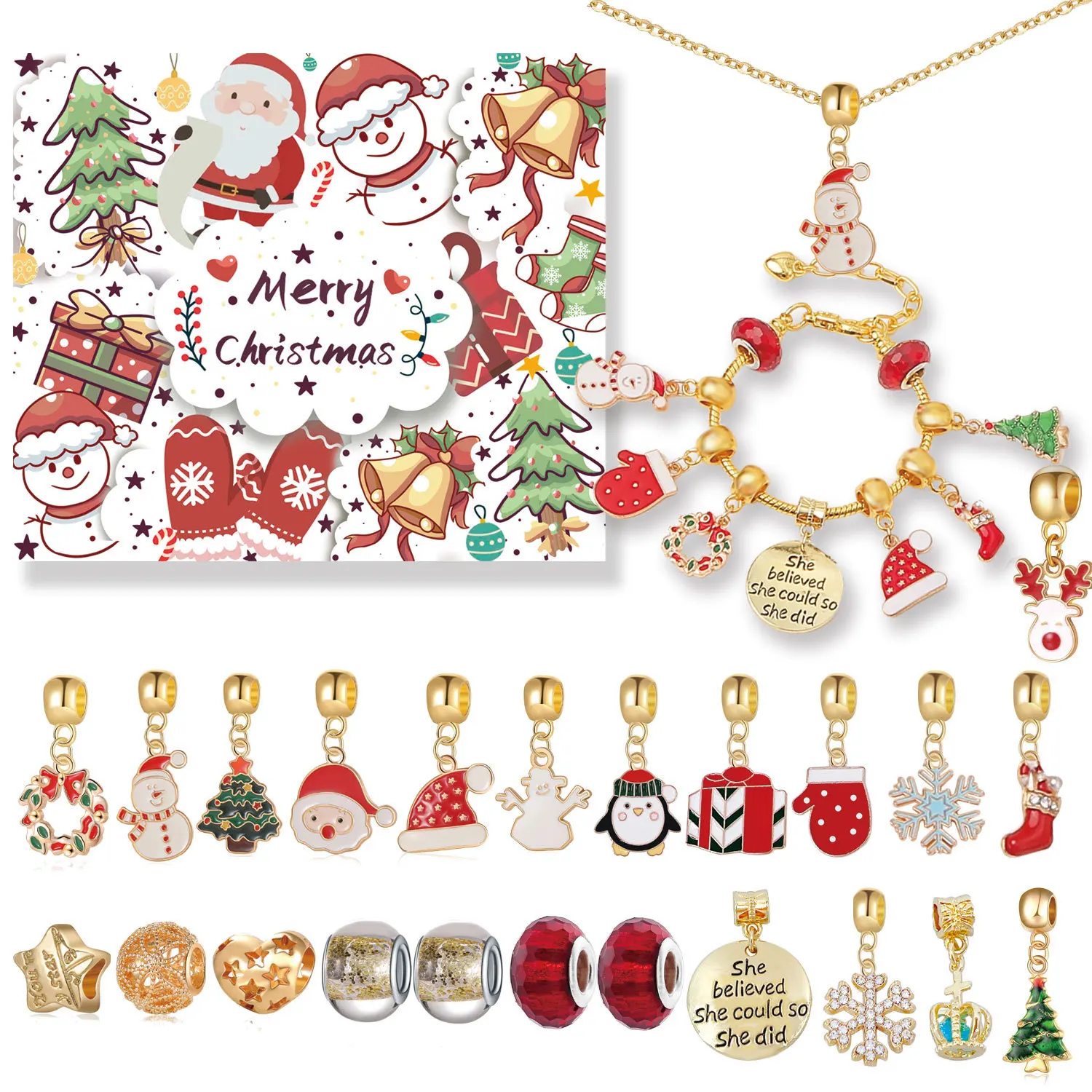 

DIY Christmas Bracelet Necklace Christmas Blind Box 24 Grid Calendar Countdown Bell Accessories Surprise Blind Box