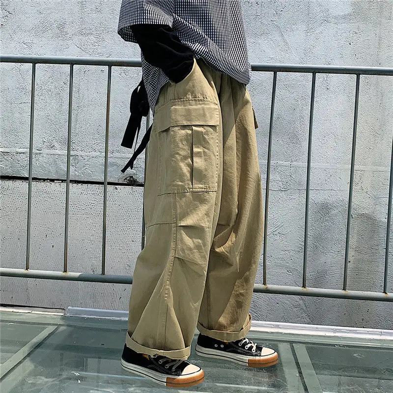 Женские широкие брюки-карго HOUZHOU черные цвета хаки в Корейском стиле большие