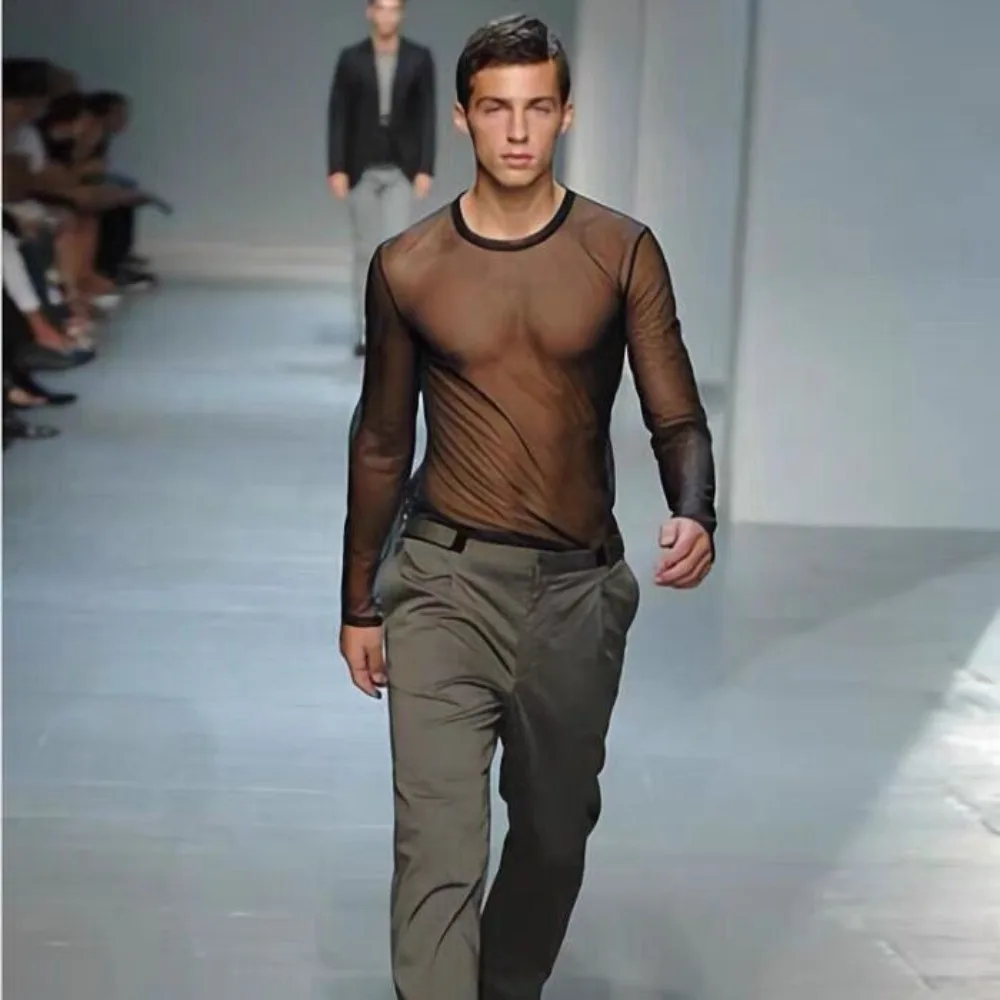 

Men's Sexy Underwear T-Shirt Long Sleeve Mesh Top Undershirt Nightwear Mesh Fishnet Top Sheer See Through Muscle Blouse Clubwear