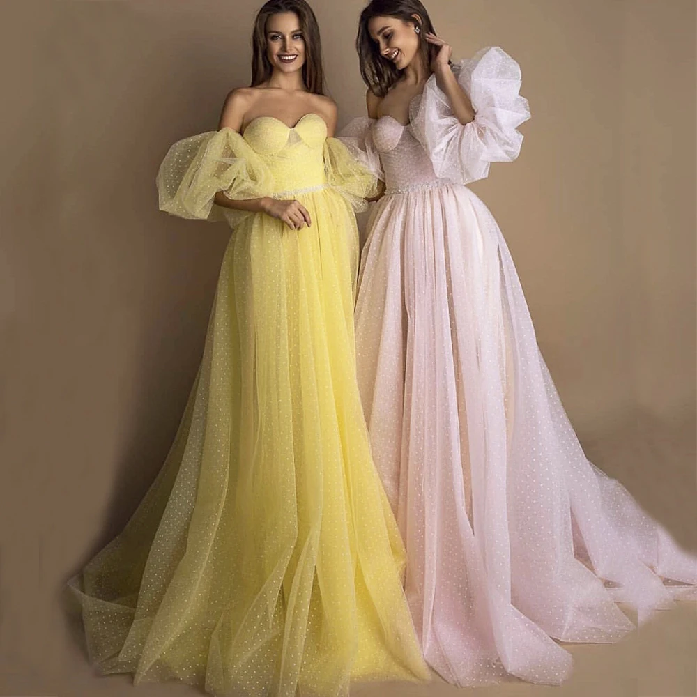 Sweetheart Detachable Short Sleeve Beads Belt Pink Tulle A-Line Evening Dresses Yellow Prom Gowns Robe De Soiree 
Sweetheart Detachable Short Sleeve Beads Belt Pink Tulle A-Line Evening Dresses Yellow Prom Gowns Robe De Soiree