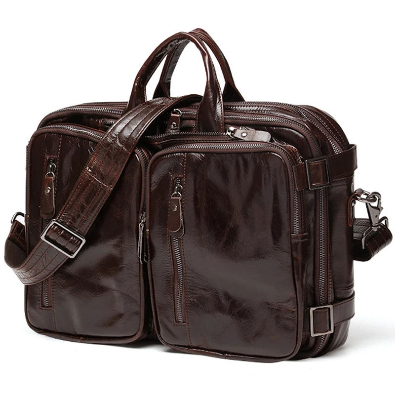 

High Class Multi-Function Genuine Leather Briefcase Men 15"Laptop Business Bag Oil-wax Leather Office Bag Tote Portfolio Handbag