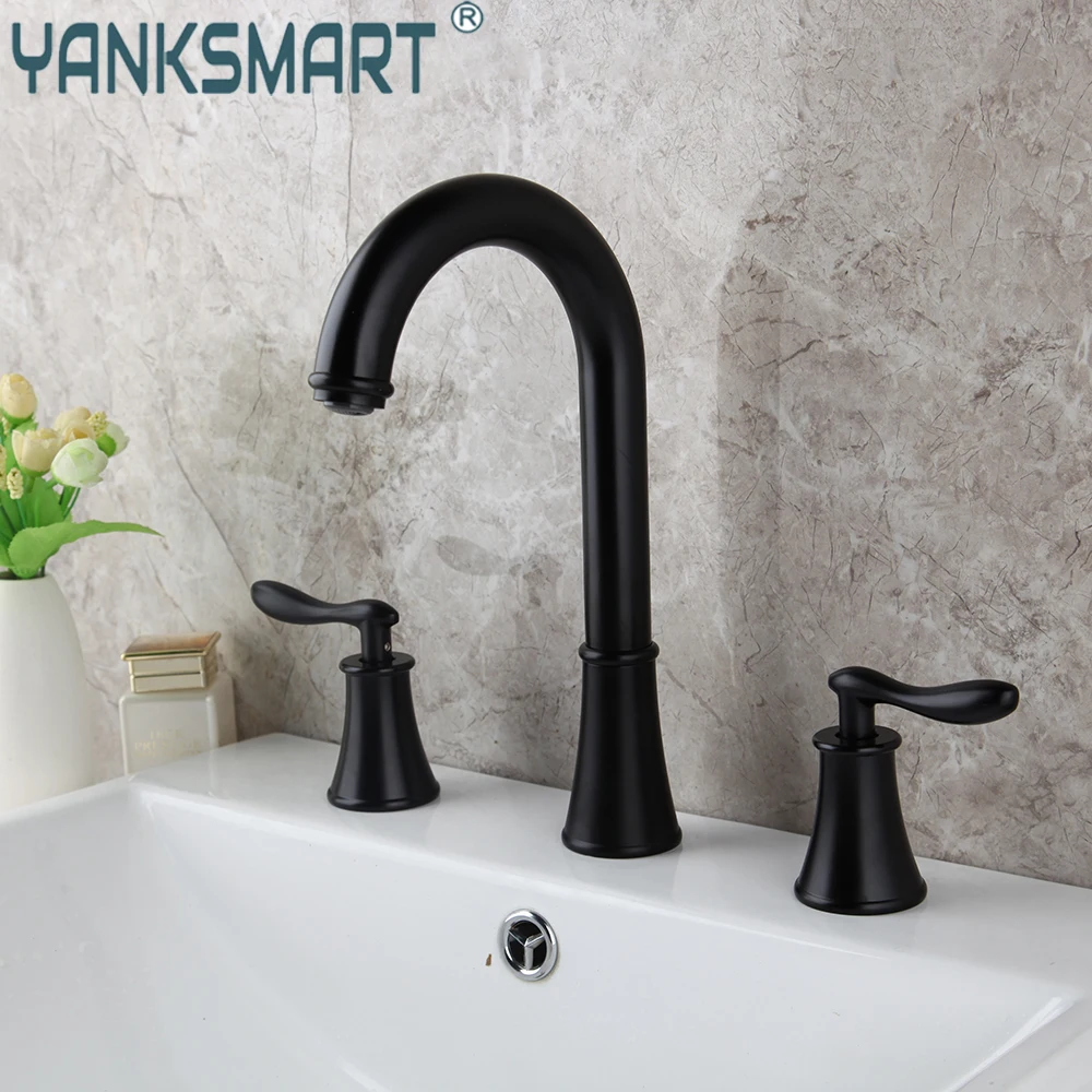 

YANKSMART 3 Pcs Bathroom Faucet Deck Mounted Bathtub Basin Hot and Cold Faucets Matte Black Vanity Sink Mixer Water Tap