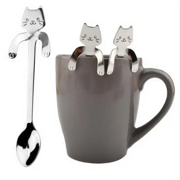 사랑스러운 귀여운 고양이 모양 스테인레스 스틸 커피 스푼, 디저트 스낵 특종 아이스크림 미니 스푼, 식기 주방 도구