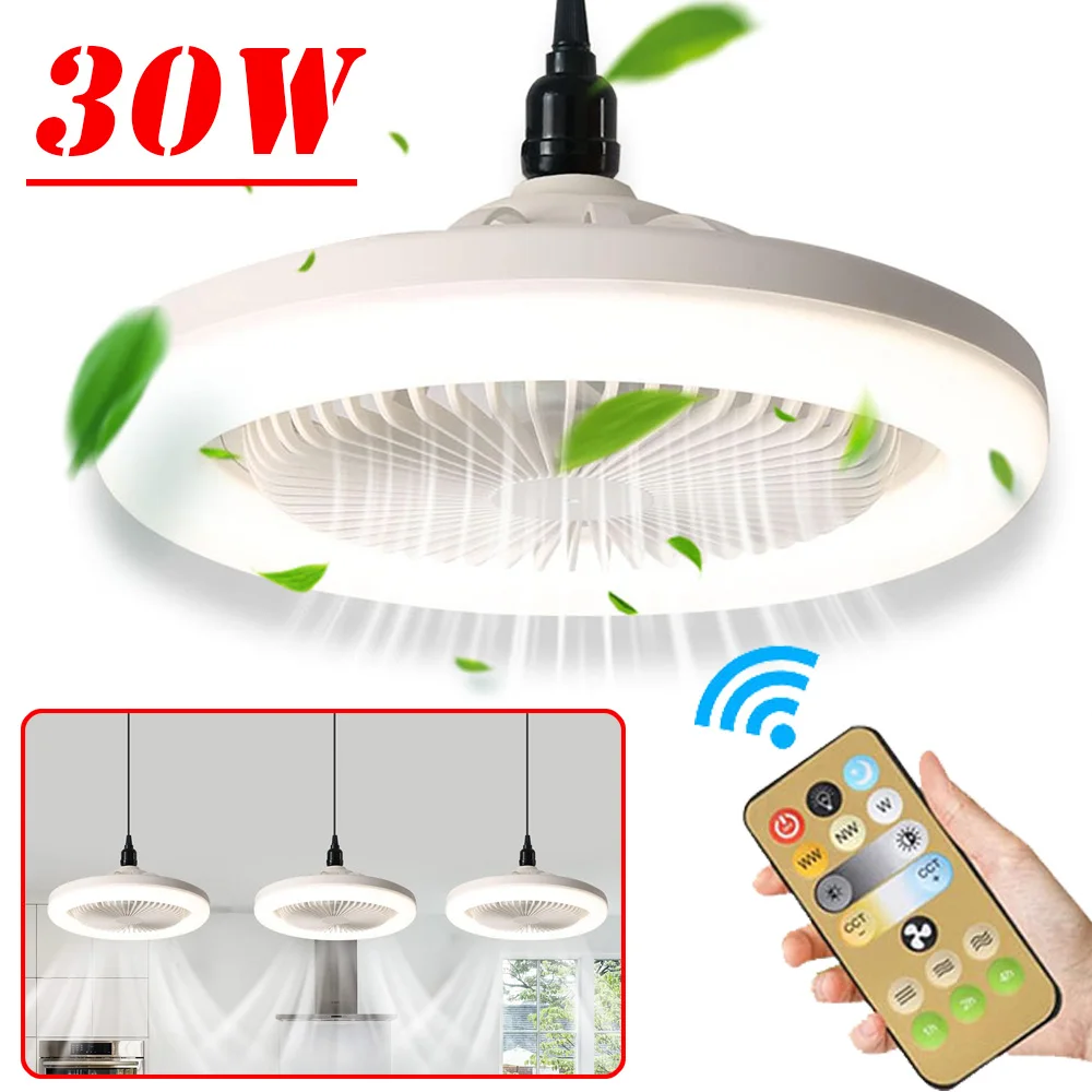 

30W Ceiling Fan with Light E27 Converter Base Home Silent Ceiling Fan w/Remote Control for Bedroom Kitchen Living Room AC85-265V