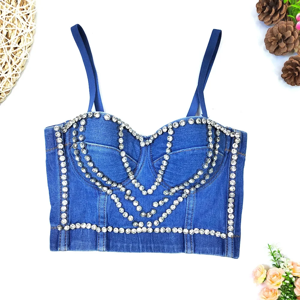 

Punk Beaded Denim Fishbone Wrapped Chest Camis Women Fashion Sexy Sleeveless Chest Padded Short Busiter Corset Crop Tops K858