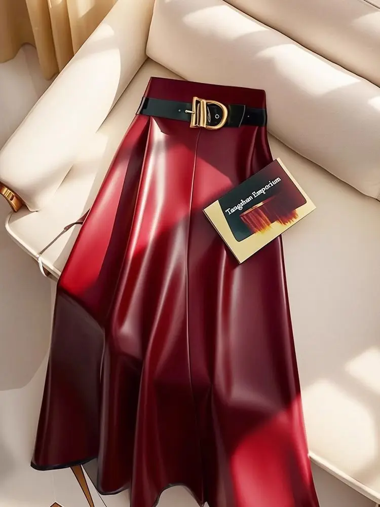 High end goddess style high-end red PU skirt for women 2024 new Leather midi skirt, mid length umbrella skirt 76 S8cb6e68303d54ff286f23d266300f887b