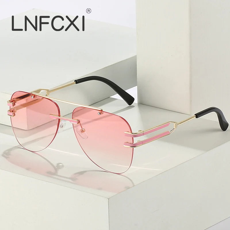 

LNFCXI Ins Popular Fashion Pilot Sunglasses Women Shades UV400 Retro Tea Gradient Trending Rimless Men Round Sun Glasses