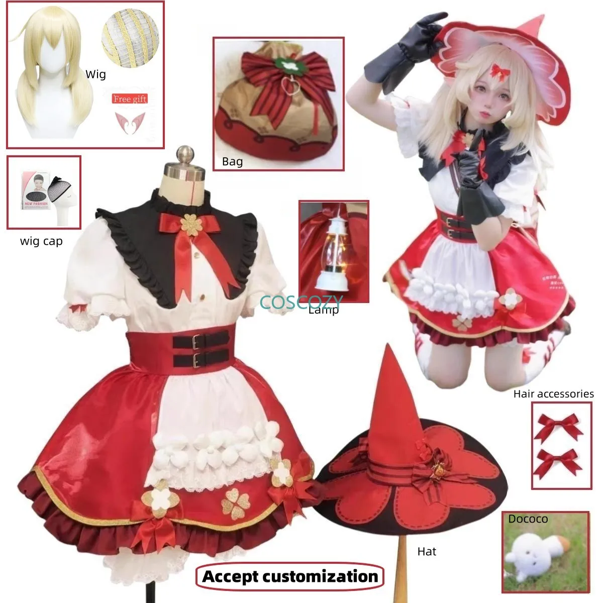 

5 Star Klee Blossoming Starlight Cosplay Costume Genshin Impact Dress New Skin Witch Lolita Outfit Hat Halloween Women Girl Cos