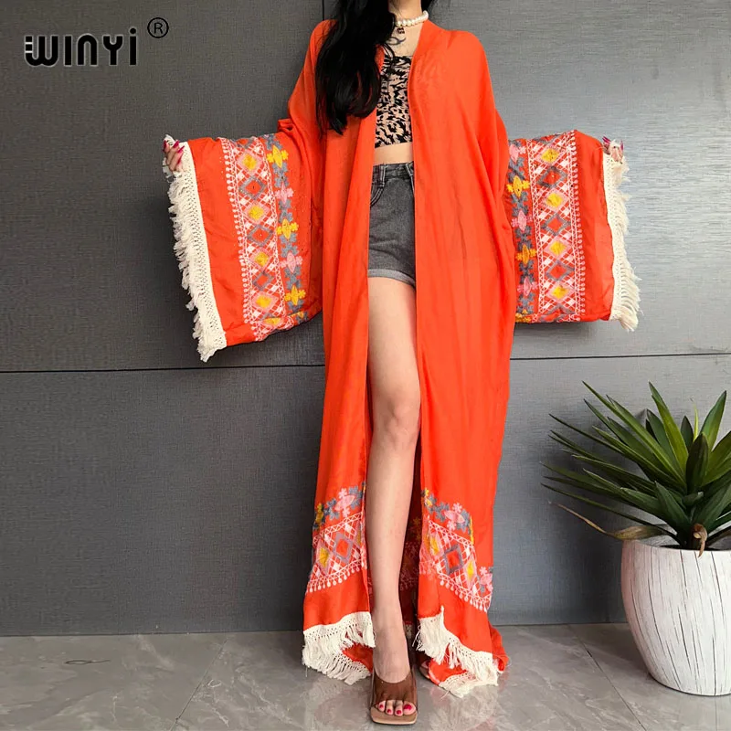 

WINYI high quality Ethnic Embroidered Fringed Long Dress Boho beach Holiday Beach Cover Ups for Swimwear Women Africa Kimono