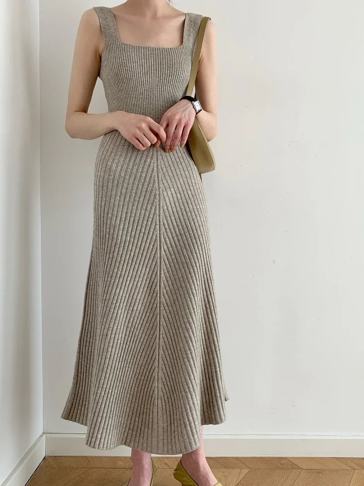 

Autumn Spaghetti Strap Cashere Blend Long Knit Dress Spring A-line Avocado Green Rib Knitted Vest Flared Calf Long Dress