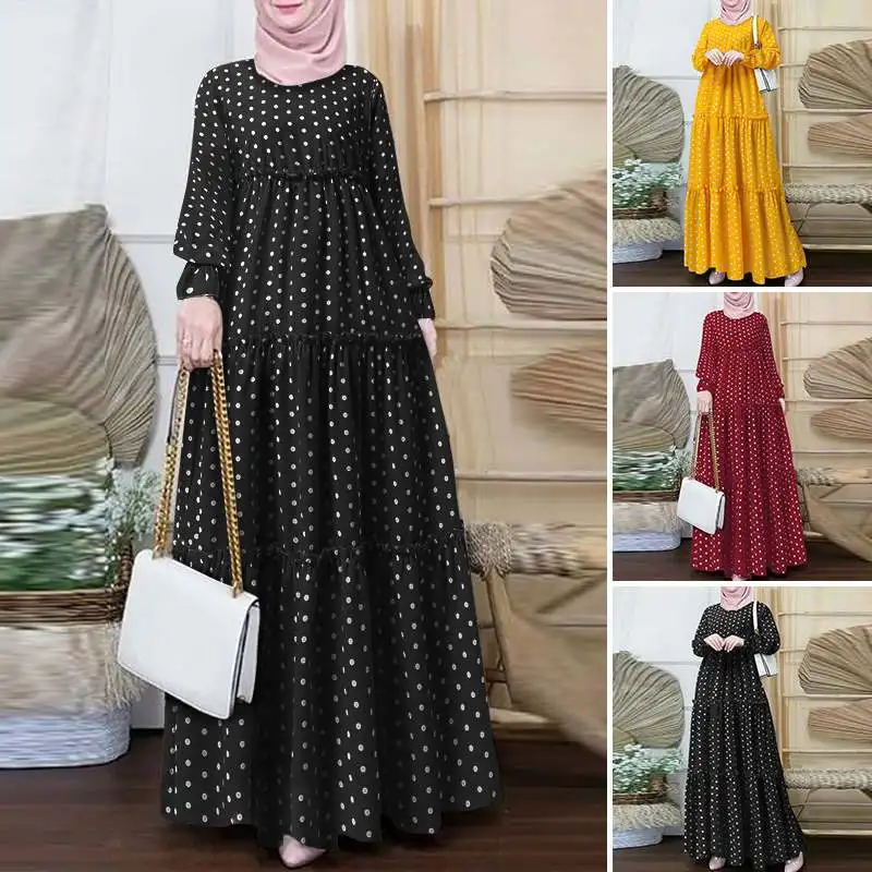 

Arab Islam Women Spring Dubai Muslim Dress Elegant Casual Loose Abaya Kaftan Sundress Long Sleeved Polka Dots Printed Maxi Robe