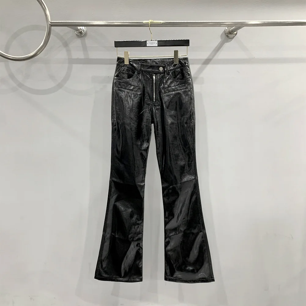 

23ss New Style Rick Women Leather Pants Black Coated Glossy Zipper Design Flared Pants Ro Owens Skinny High Waist Casual Pants