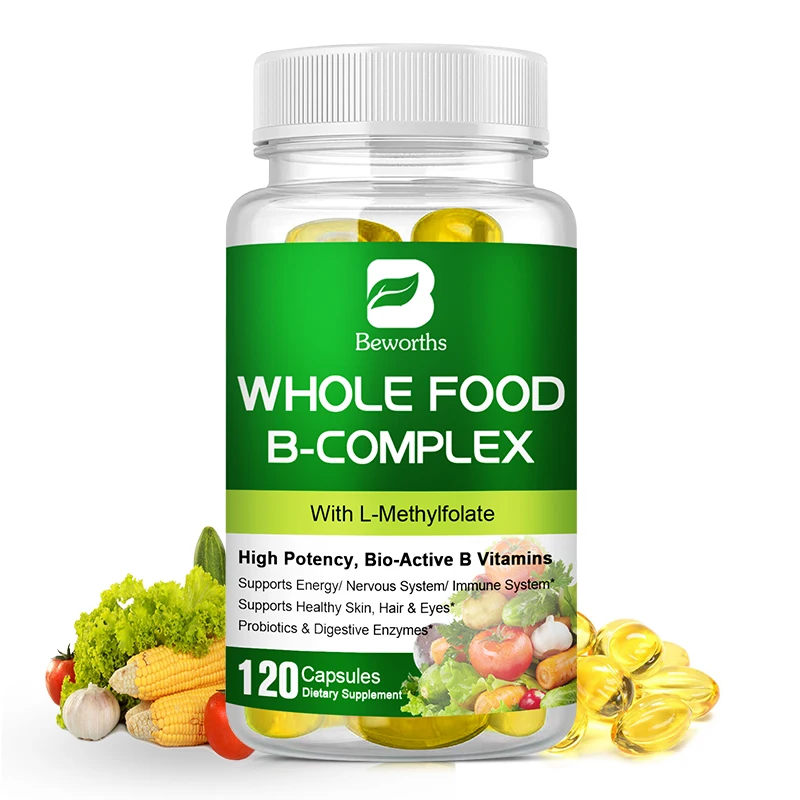 

BEWORTHS Vitamin B Complex Capsules Whole Food Supplement B1, B2, B3, B5, B6, B7, B12 for Stress, Energy and Immune Health