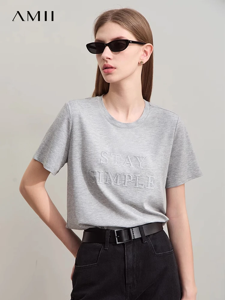 

Amii Minimalism Women's T-shirt 2024 Summer New Casual Basics O-Neck Short Sleeve Letters Embroidery Stretch Solid Tees 12422075