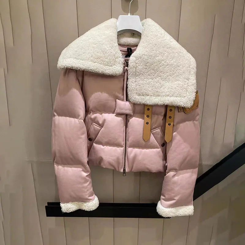 2023 winter new lamb wool lapel design short pink down jacket warm coat top women
2023 winter new lamb wool lapel design short pink down jacket warm coat top women